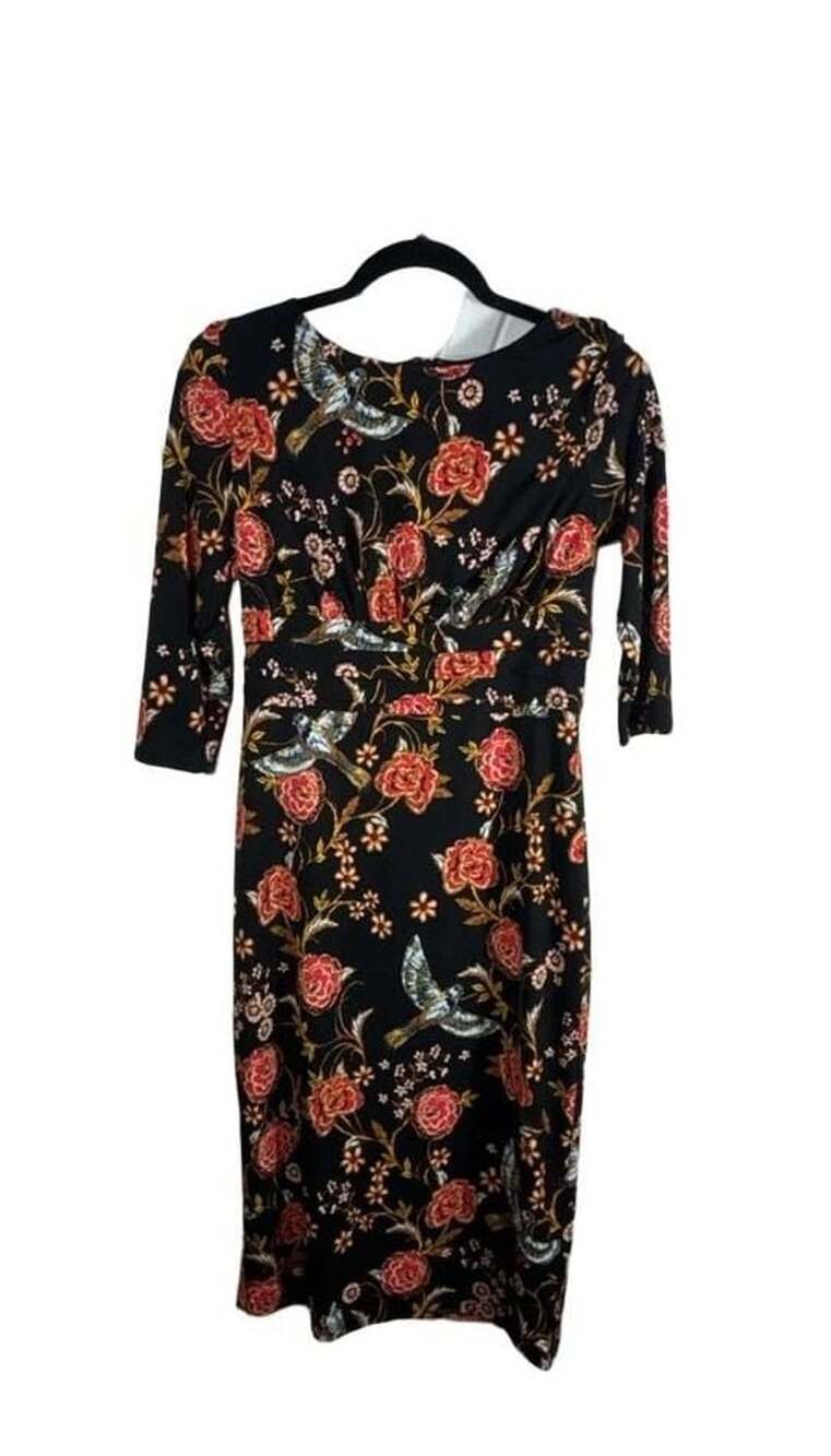 Melrose Floral Bird Print Dress Size 8 Black 3/4 Sleeve Midi